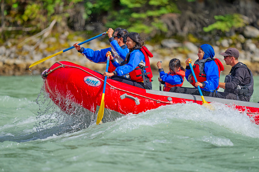 Jasper National Park in Alberta Canada on August  29, 2022:  White water rafting tours on the Athabasca River in Jasper National Park