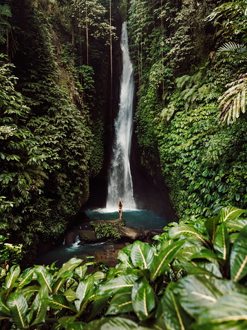 Scenic waterfall and woman in bikini. Traveler girl posing on waterfall in Bali
