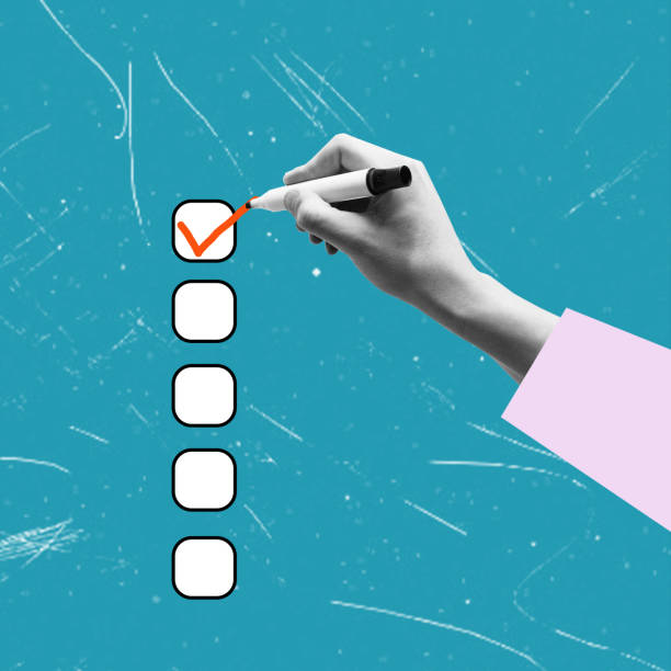 Checklist concept. Contemporary art collage. Hand holding a marker.