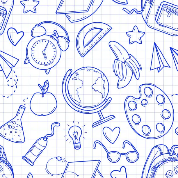 Vector illustration of Hand drawn sketch seamless pattern with school supplies and creative elements in doodle style on a white checkered background. Back to school pattern