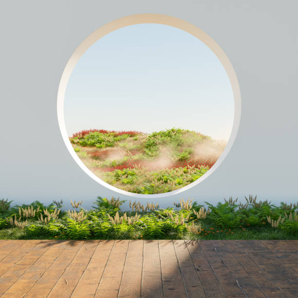 istock Abstract winter scene with geometrical forms, arch with a podium. minimal 3d landscape background. 1619093252