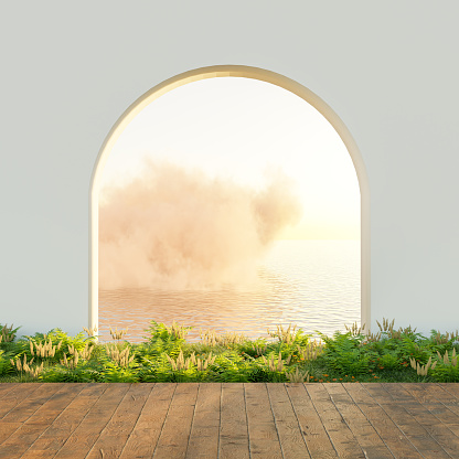 Concrete floor terrace and white ventilation block wall in luxury hotel or beach house. 3d rendering of arch gate near green grass lawn with sea view.