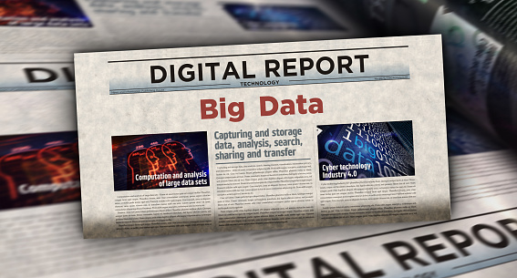 Big data machine learning and digital analysis technology vintage news and newspaper printing. Abstract concept retro headlines 3d illustration.