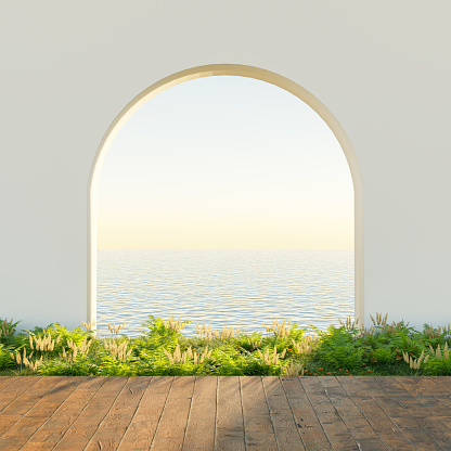 Concrete floor terrace and white ventilation block wall in luxury hotel or beach house. 3d rendering of arch gate near green grass lawn with sea view.