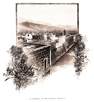 Monterrey, Mexico. Sepia-toned illustration published 1890.  Original edition is from my own archives. Copyright has expired and is in Public Domain.