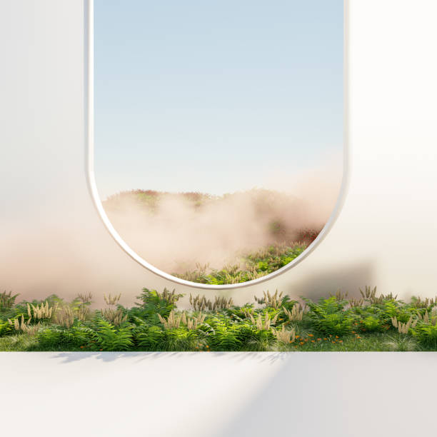 istock Abstract winter scene with geometrical forms, arch with a podium. minimal 3d landscape background. 1619106634