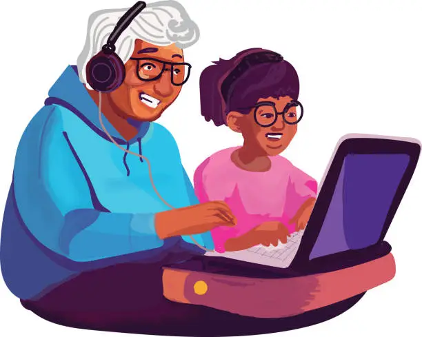 Vector illustration of Senior using a computer