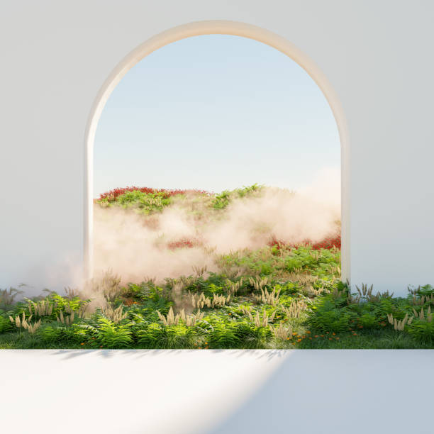 istock Abstract winter scene with geometrical forms, arch with a podium. minimal 3d landscape background. 1619107174