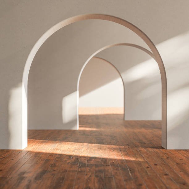 priorità bassa interna dell'architettura con pavimento in legno - window arch white indoors foto e immagini stock