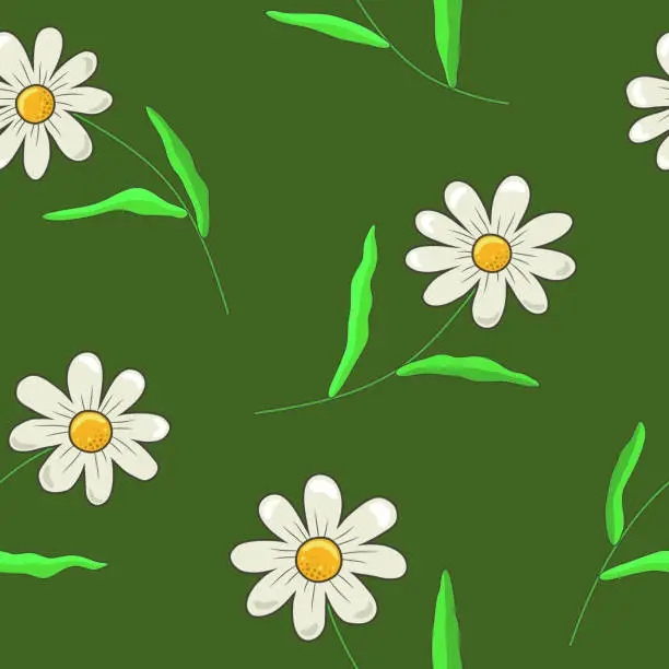 Vector illustration of Chamomile flowers with white petals and a yellow core with stems and petals on a dark green background. Seamless pattern. Summer and plants. Print on fabric. Gift packaging. Vector illustration.