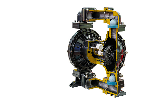 Cross section show detail inside air operated diaphragm pump or membrane pump for move gases liquid or gas liquid mixtures for industrial isolated on white with clipping path