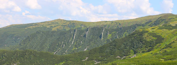 ein panoramablick auf eine grüne bergkette mit steilen klippen. - sky blue grass green stock-fotos und bilder