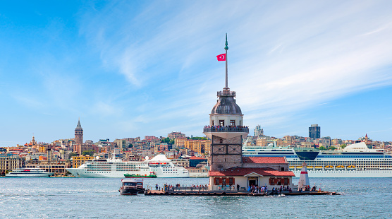 Istanbul Maiden Tower (kiz kulesi) -    
Luxury cruise ship in Bosporus against istanbul city with - Istanbul, Turkey - Istanbul, Turkey