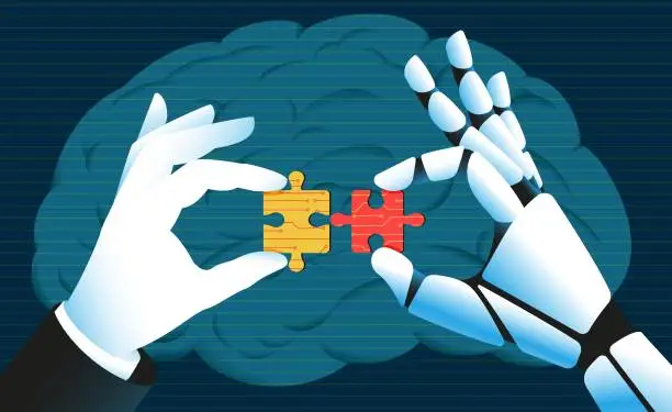 Vector illustration of Human and robotic hands collecting puzzle illustration