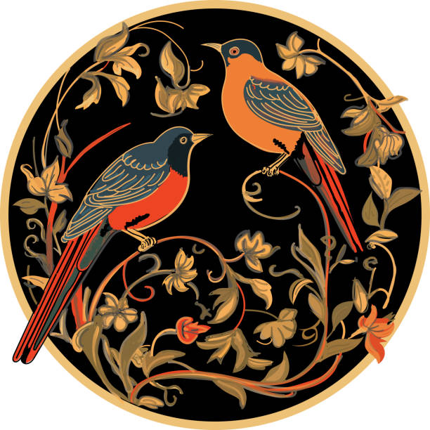 Two birds sitting on branches, round with black background