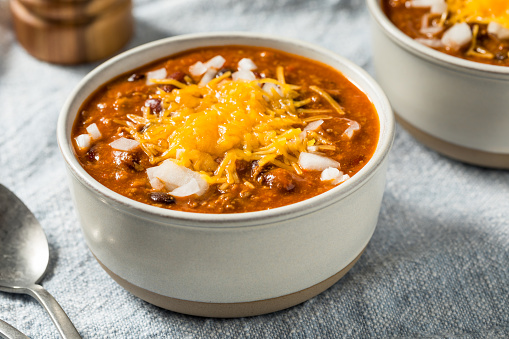 Spicy Hot Chili Con Carne with Cheese and Onions