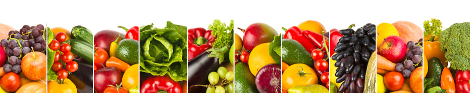 Vegetables and fruits isolated on white background. Panoramic collage. Wide photo.