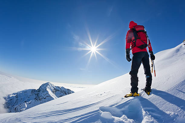 Rear view of mountaineer in red on top of a snowy mountain stock photo