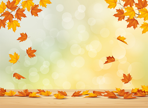 Autumn leaf background with falling leaves on wooden table. Vector illustration.