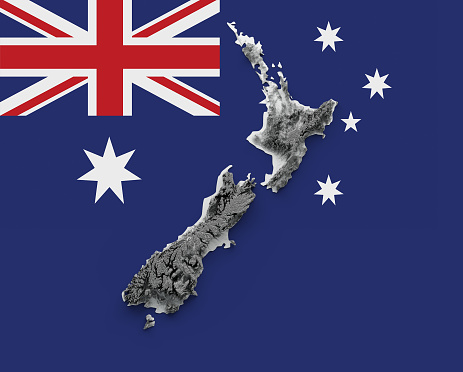 3d New Zealand Map Black And White Shaded Relief Map On New Zealand Flag Background 3d illustration\nSource Map Data: tangrams.github.io/heightmapper/,\nSoftware Cinema 4d