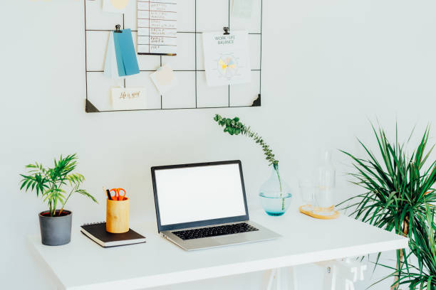 istock Modern Contemporary workplace - white desk with laptop mockup empty screen, grid mood board with pinned notes and plans, green plants, office supplies at work space in home office room interior 1619205701
