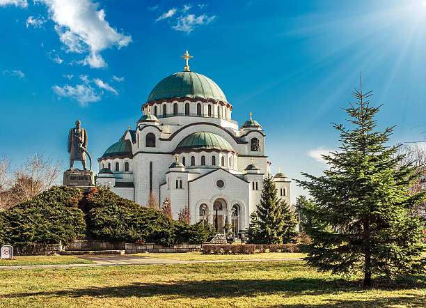 Cathedral in Belgrade, Serbia on a beautiful sunny day Belgrade (Beograd), Saint Sava Cathedral (Hram Svetog Save) and Monument of Karageorge Petrovitch (Karadjordje Petrovic) serbia and montenegro stock pictures, royalty-free photos & images