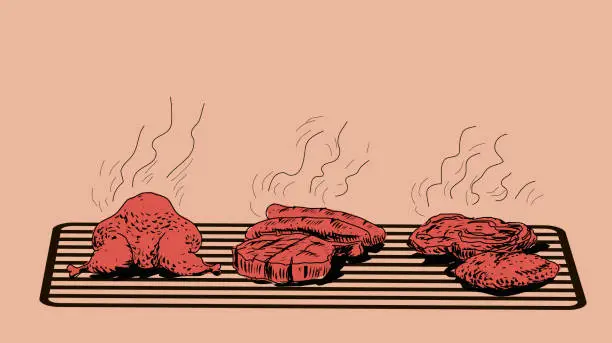 Vector illustration of barbecued chicken meatballs and steak