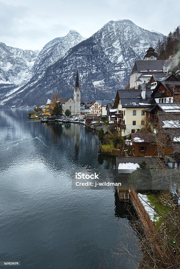 Hallstatt winter view (Austria) Swans on Winter Alpine Hallstatt Town and lake Hallstatter See view (Austria) Austria Stock Photo