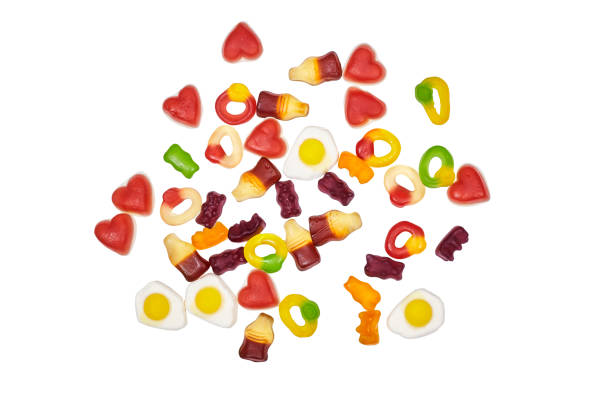 Assorted gummy candies. Top view, Jelly sweets isolated on white background