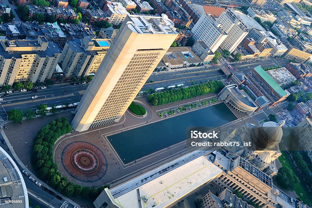 Boston aerial view Boston city downtown aerial view with urban historical buildings at sunset. Aerial View Stock Photo