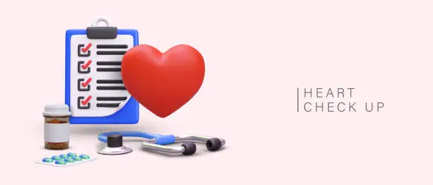 Vector illustration of Medical kit for first help for patient. Heart check up with stethoscope in hospital