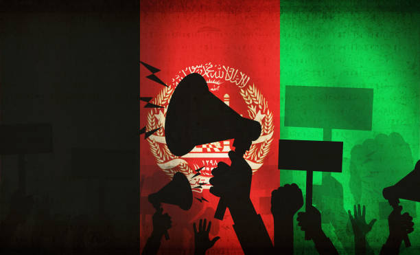istock Protest in Afghanistan, background design with waving flag and silhouette 1619260433