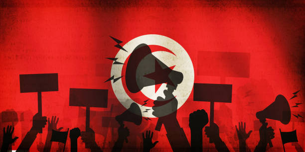 istock Protest in Tunisia background design with waving flag and shapes along with texture. Tunisia protest concept backdrop 1619260437