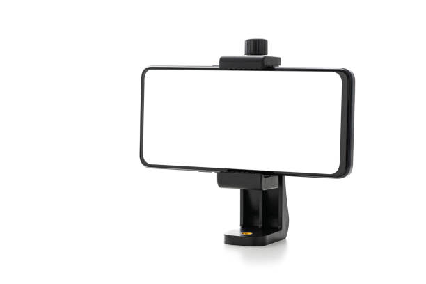 istock Mock up of smartphone in horizontal position with white screen and clamp holder 1619260447