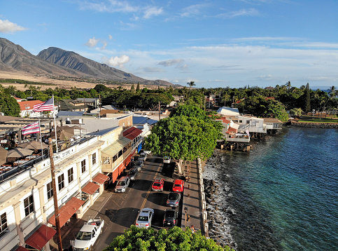 Lahaina, Hawaii, United States - 10/26/2019: Front Street from above