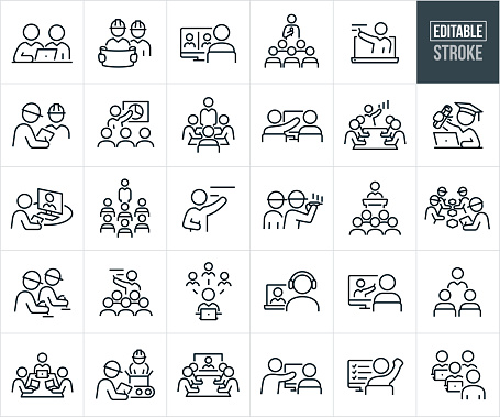 A set of job training and professional development icons that include editable strokes or outlines using the EPS vector file. The icons include a business person at a computer training a co-worker, engineer with blueprint training an apprentice, businessman taking an online training course, group of business people being trained by a job trainer, job trainer on laptop giving instruction, engineer being trained by manager, group of white collar workers doing professional development, group of employees in boardroom doing job training, businessman holding diploma after completing career advancement course online, instructor giving career training, electrician training apprentice, workers on assembly line having job training lessons, person taking online course for professional development and other related icons.