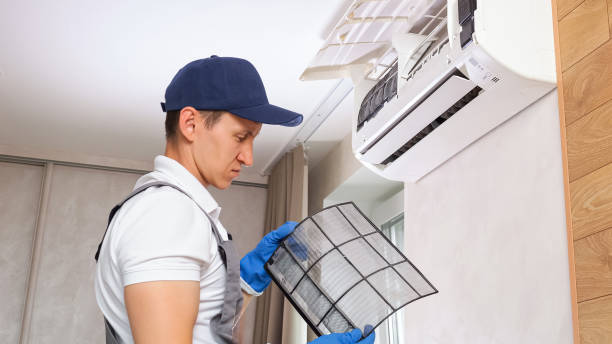 Repairman detects dust on conditioner filter and takes off