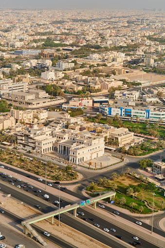 Aerial, daytime view of Shamiya, Keifan, Faiha, Abdulla Al Salem, Khaldiya and Adaliya residential districts in Kuwait City downtown. Kuwait.