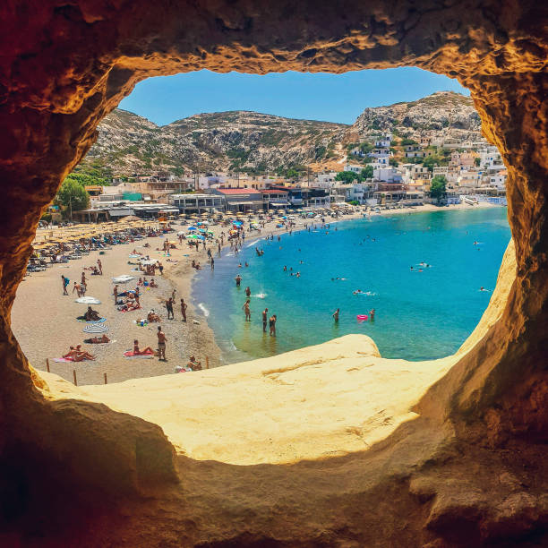 View to Matala beach from above, Matala, Crete, Greece
