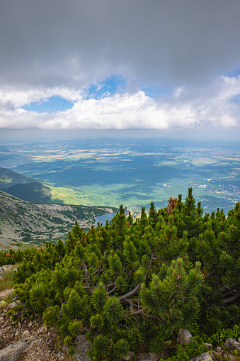 Scenic view from the High Tatra Mountains over the lower countryside of northern Slovakia.
