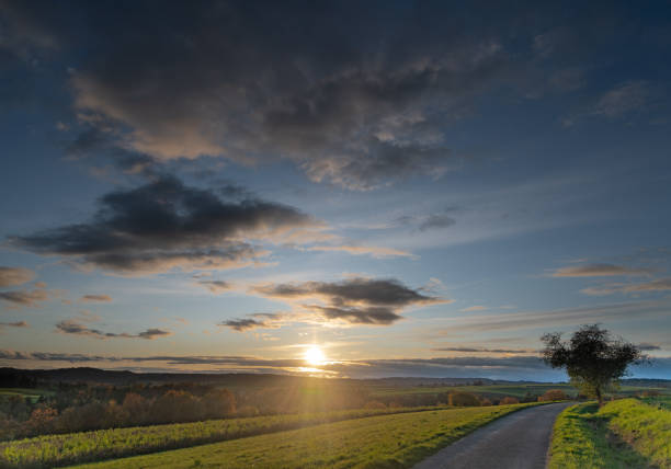 Dirt road and hilly landscape with fields and meadows at sunset