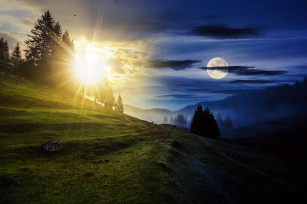 abetos en prado entre laderas con bosque de coníferas en niebla con sol y luna en el crepúsculo - equinoccio de otoño fotografías e imágenes de stock