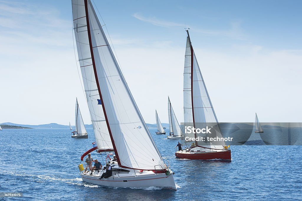 Large number of sailboats racing at regatta Front view of large number of sailboats sailing against the wind using main sail and genoa, Adriatic sea, Europe Sailboat Stock Photo