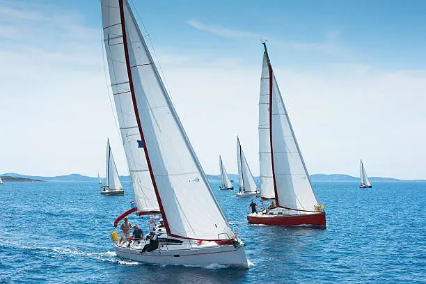 Front view of large number of sailboats sailing against the wind using main sail and genoa, Adriatic sea, Europe
