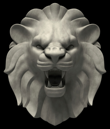 Artistic lion head sculpture, isolated on black background. 3D rendered image