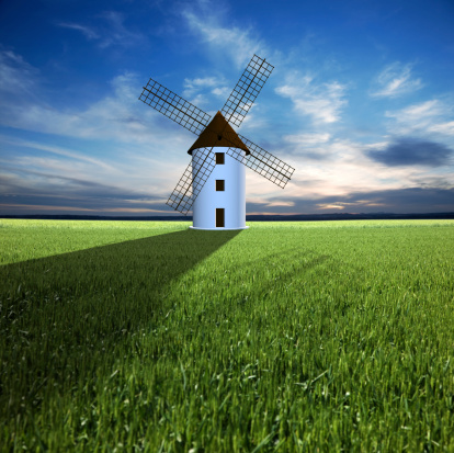 White windmill on green grass (3d render) square. 