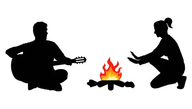 Vector illustration of Silhouette of man playing guitar and woman warming hands near bonfire. Camping. Vector illustration