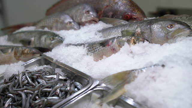 Fresh fish and sardines on ice at a sea food market stall