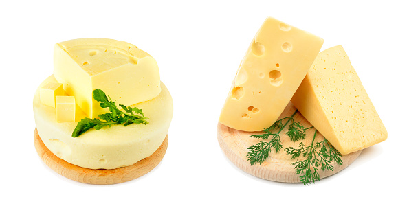 Cheese on a cheese board isolated on white background. Collage. Free space for text. Wide photo.