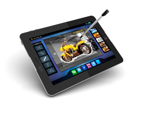 using tablet pc photo editor or digital drawing and painting software with onscreen pen.
